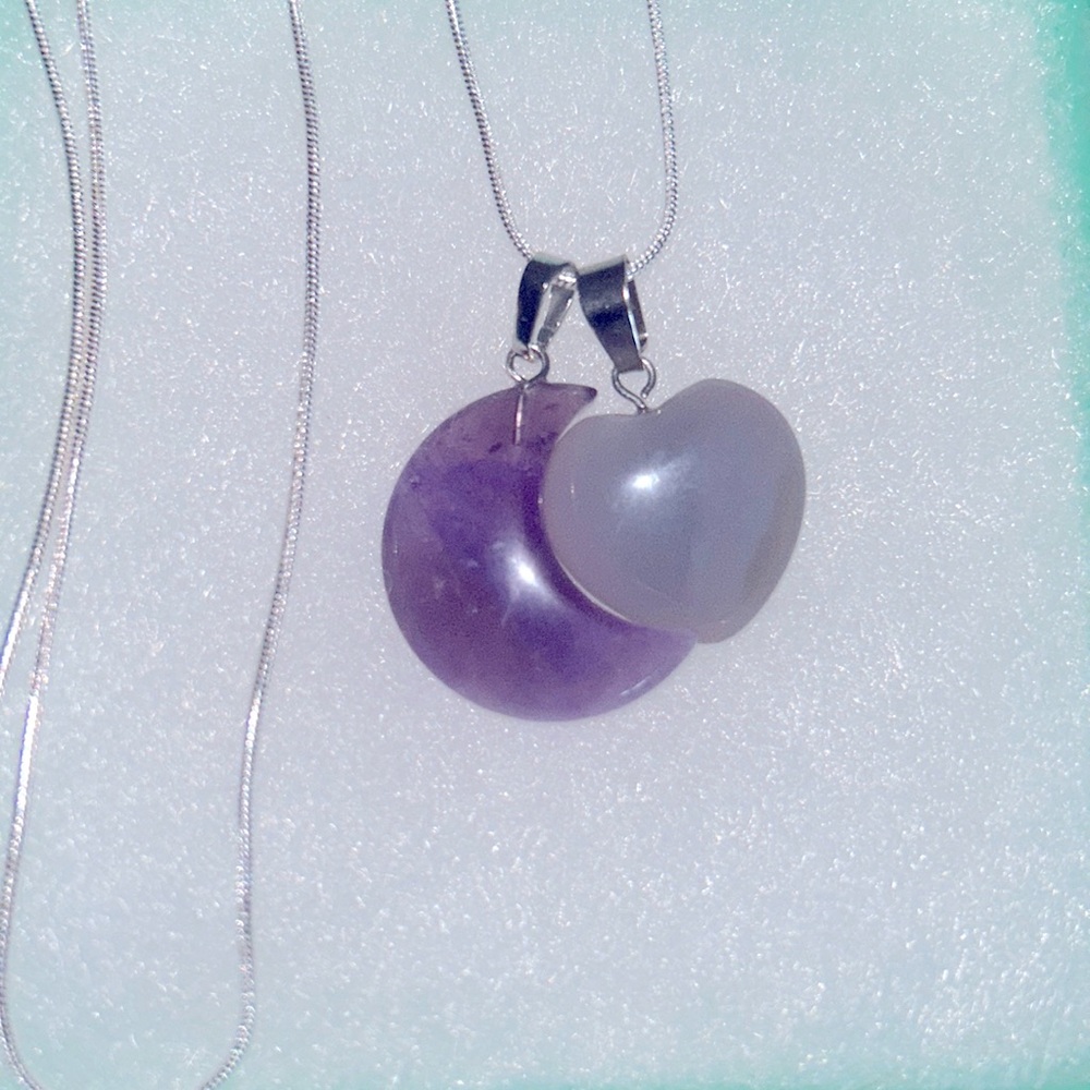 Boho hippie Amethyst Moon and Chalcedony Crystal heart Sterling Sil…